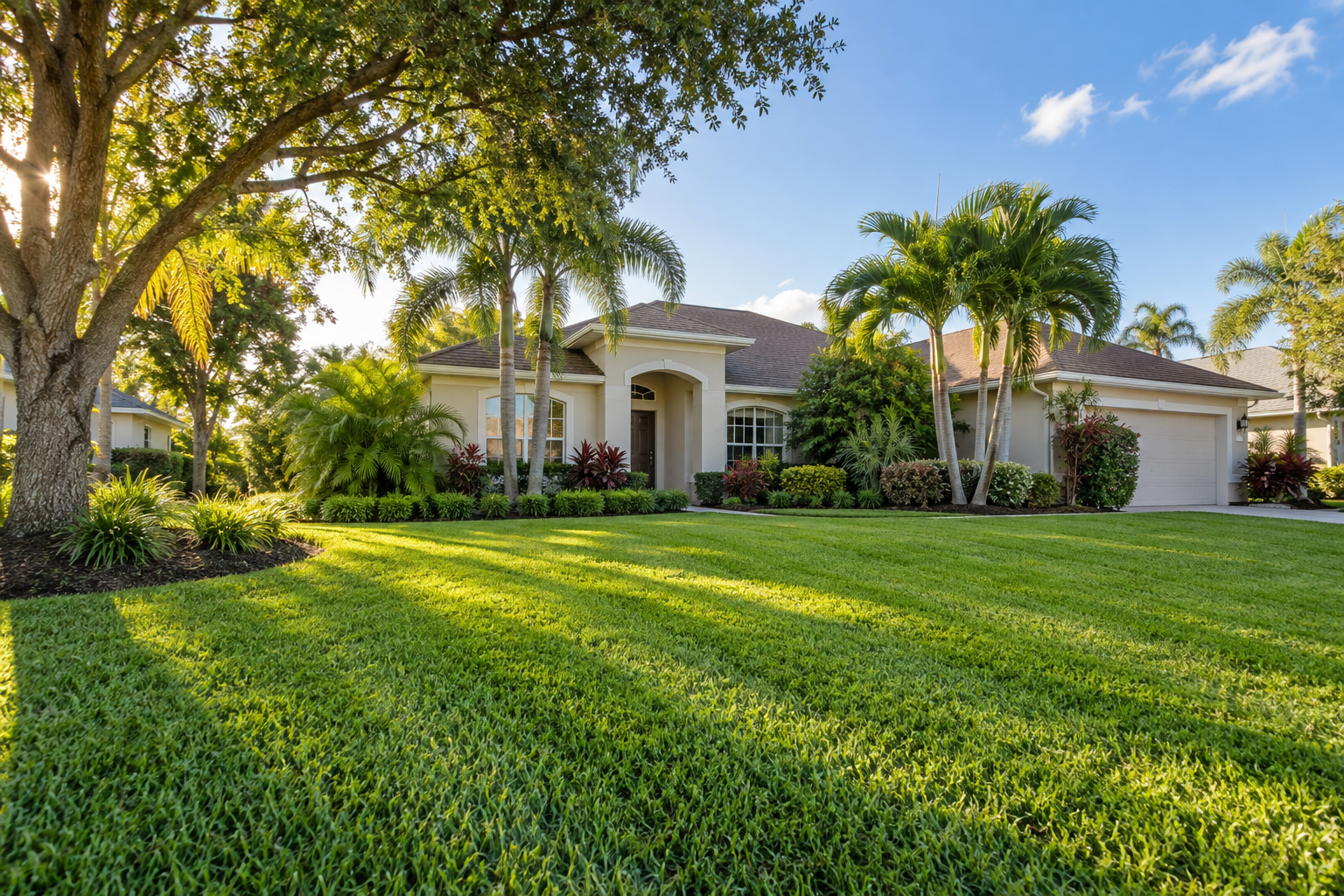 A sunny Florida-style front lawn with green grass, palms, and a welcoming home